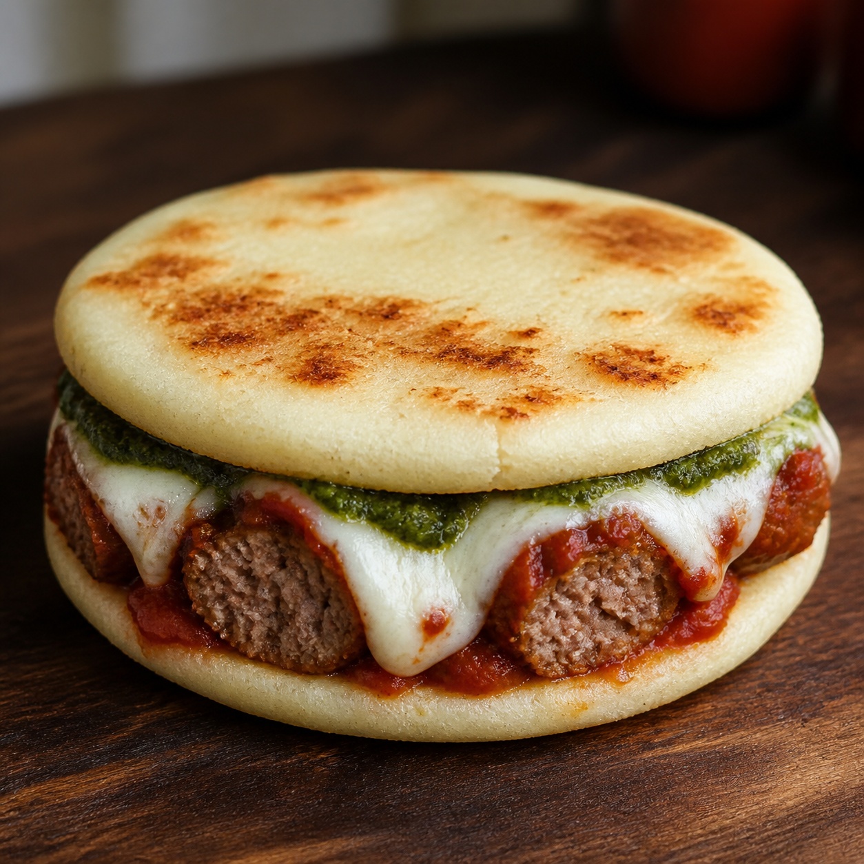 Two arepas pressed together with meatballs, pesto and melted mozzarella