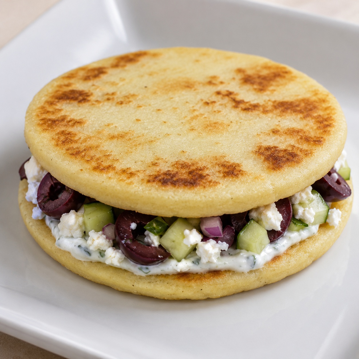 Two arepas sandwiched with feta, olives, cucumber and tzatziki