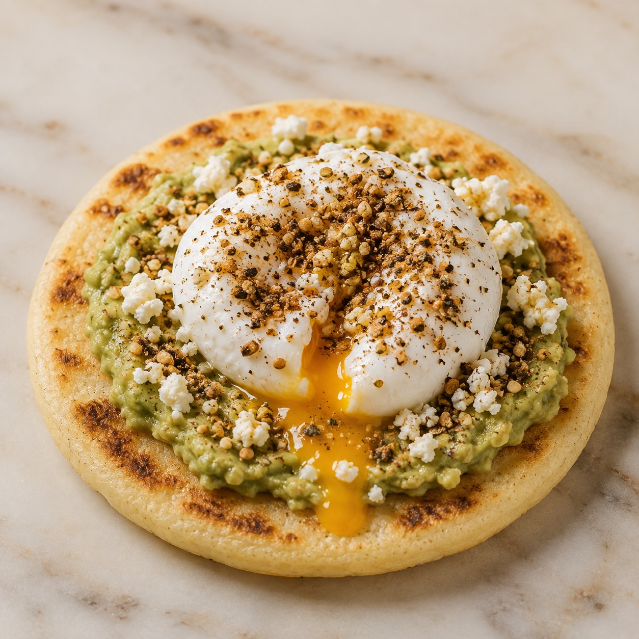 Arepa topped with smashed avocado, a poached egg, feta and dukkah