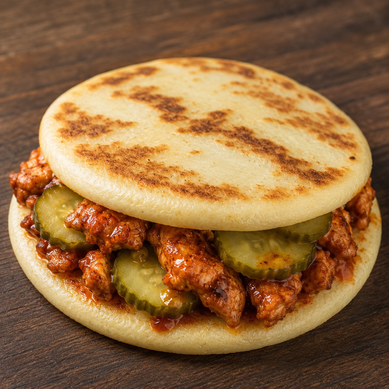 Two arepas pressed together with cayenne-slicked hot chicken and pickles