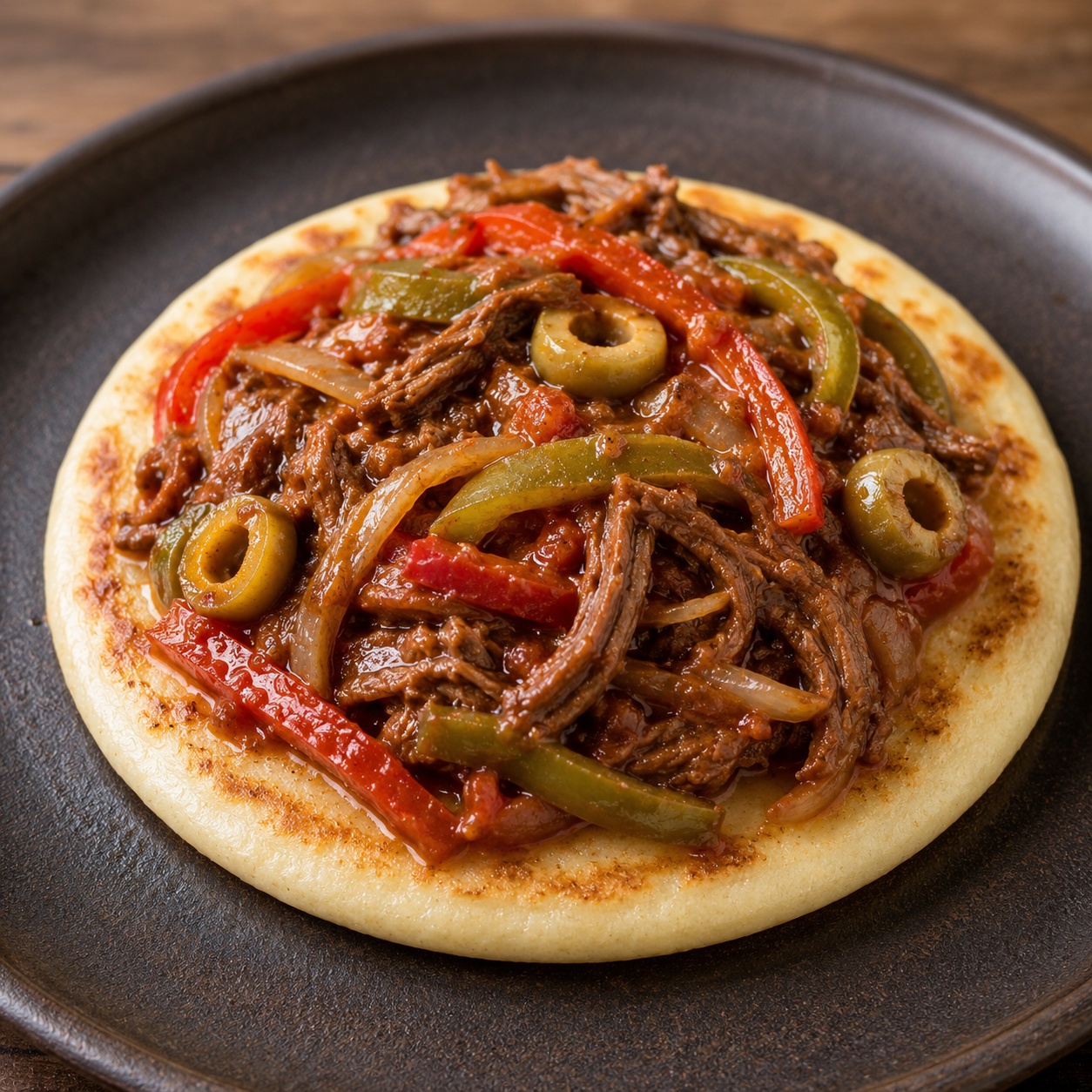 Arepa topped with shredded beef in tomato sauce with peppers, onion and olives