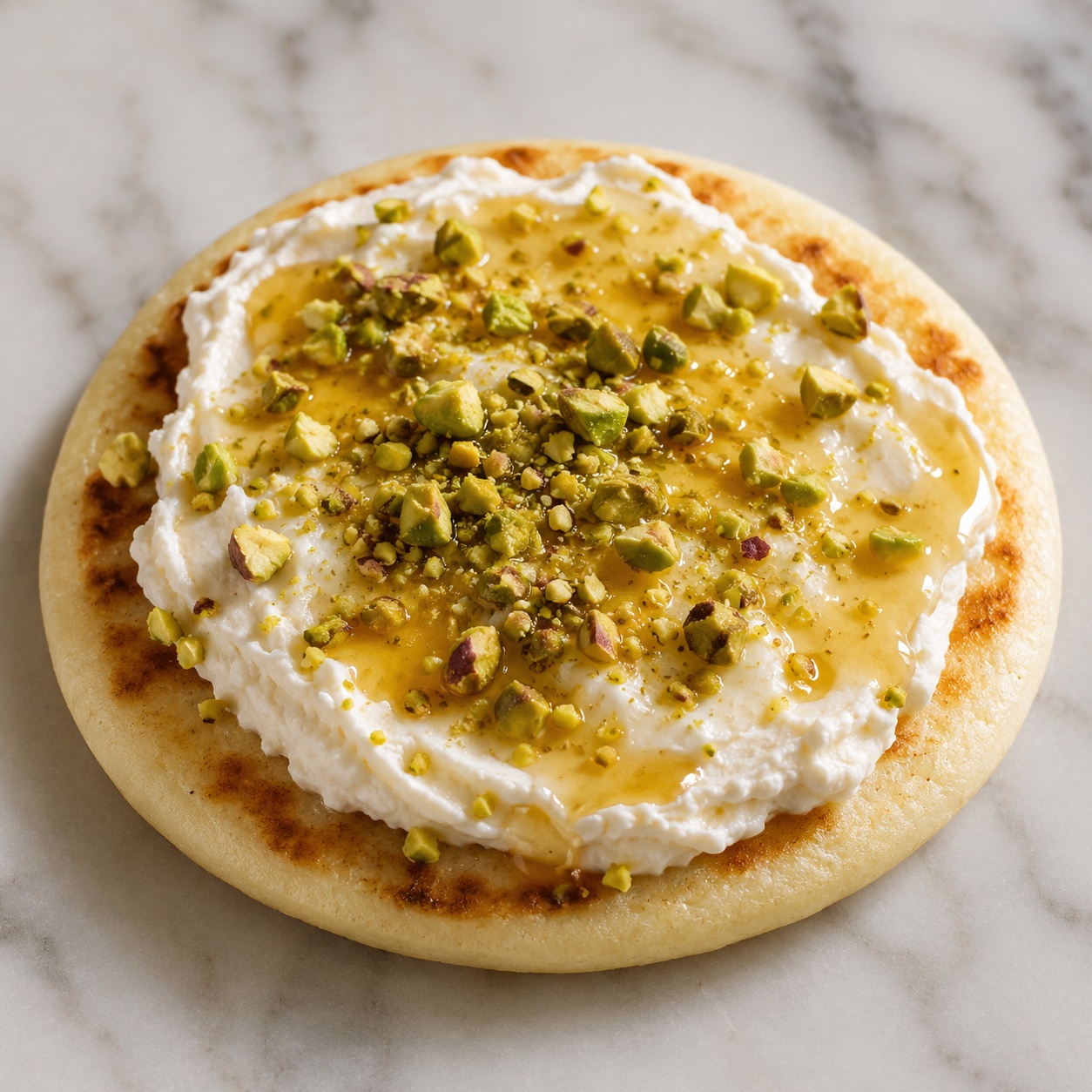 Arepa spread with thick labneh, a honey drizzle and crushed pistachio