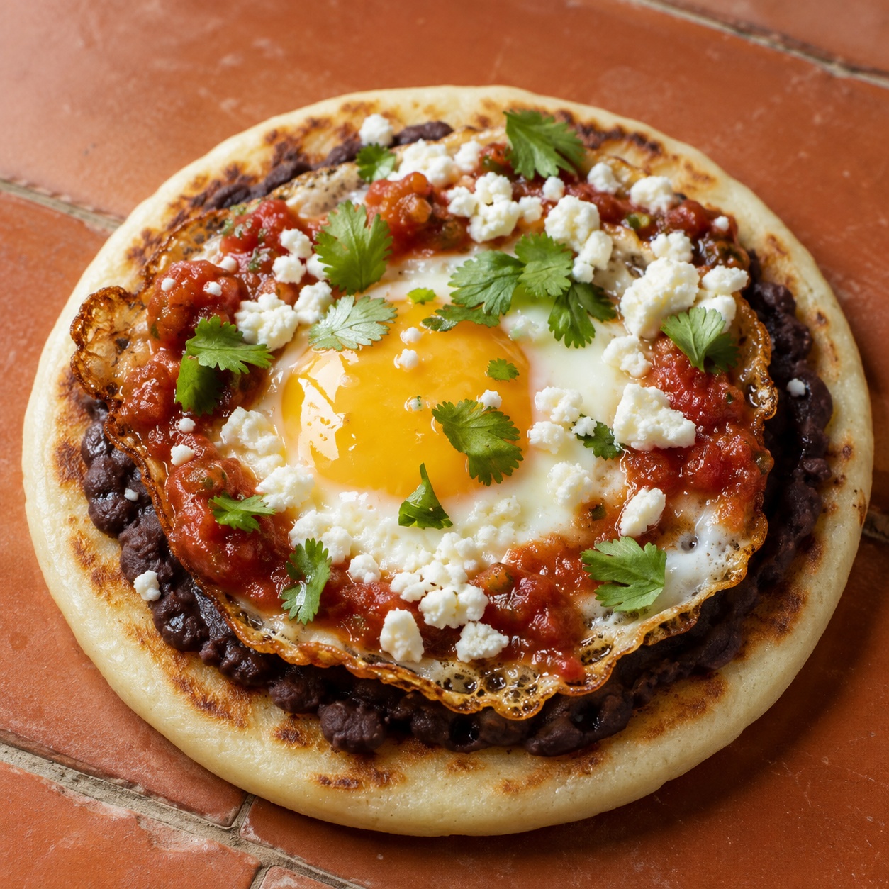 Arepa topped with black beans, a fried egg and salsa ranchera