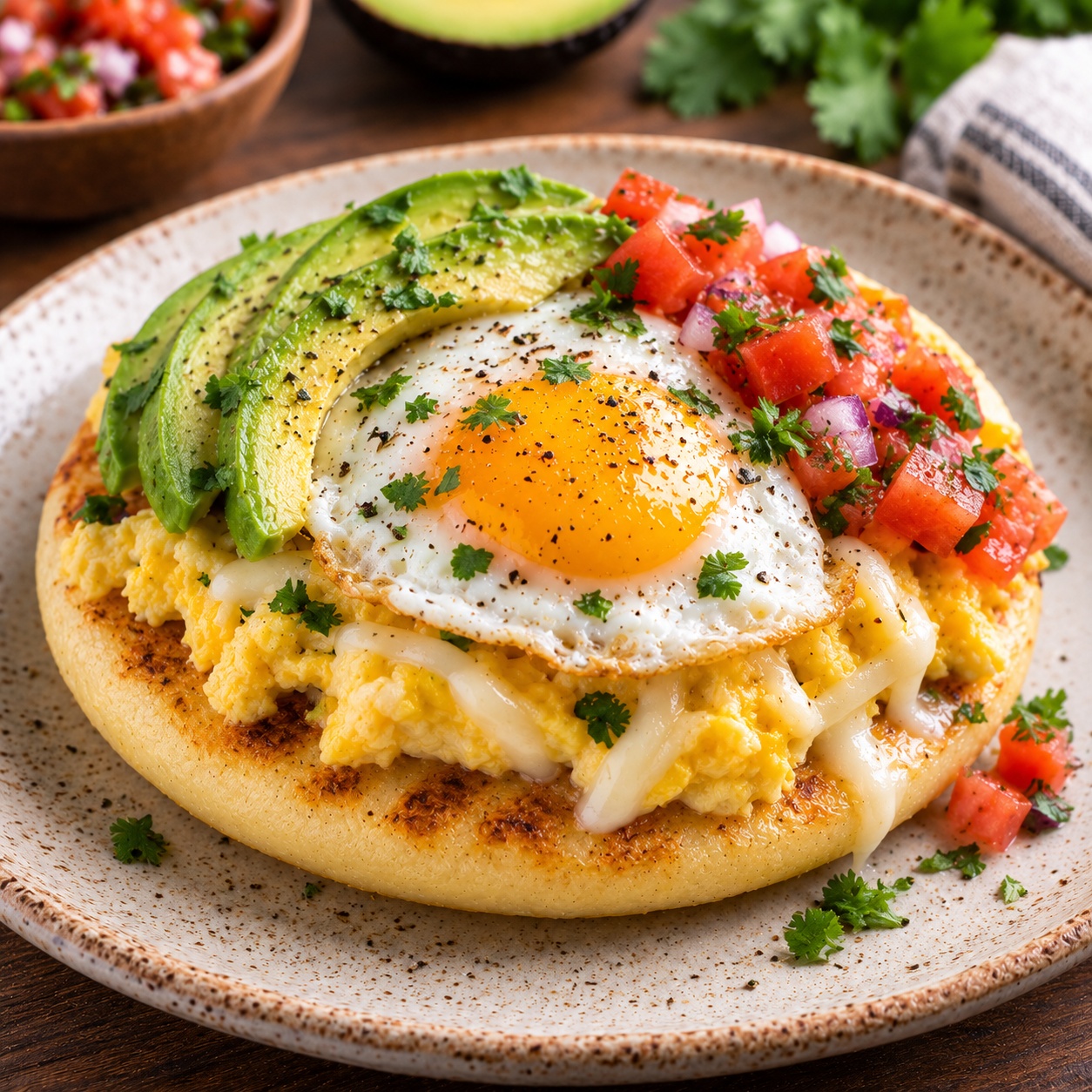 Arepa topped with ham, a poached egg and pale yellow yogurt hollandaise