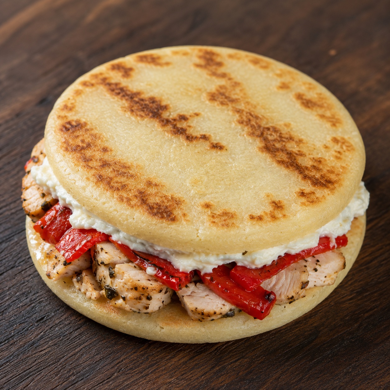 Two arepas sandwiched with Greek chicken, whipped feta and roasted red pepper