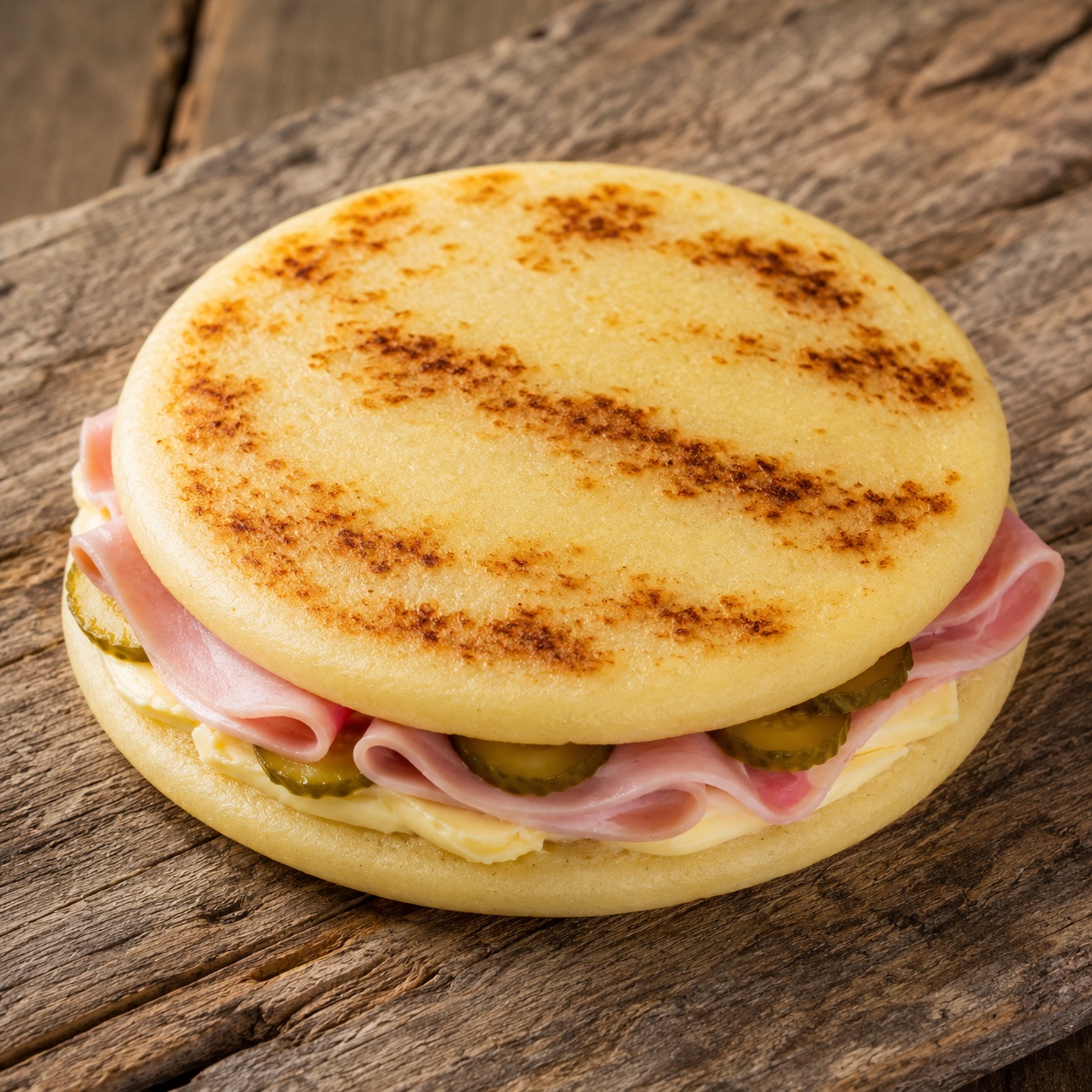 Two arepas sandwiched with folded ham, butter and sliced cornichons