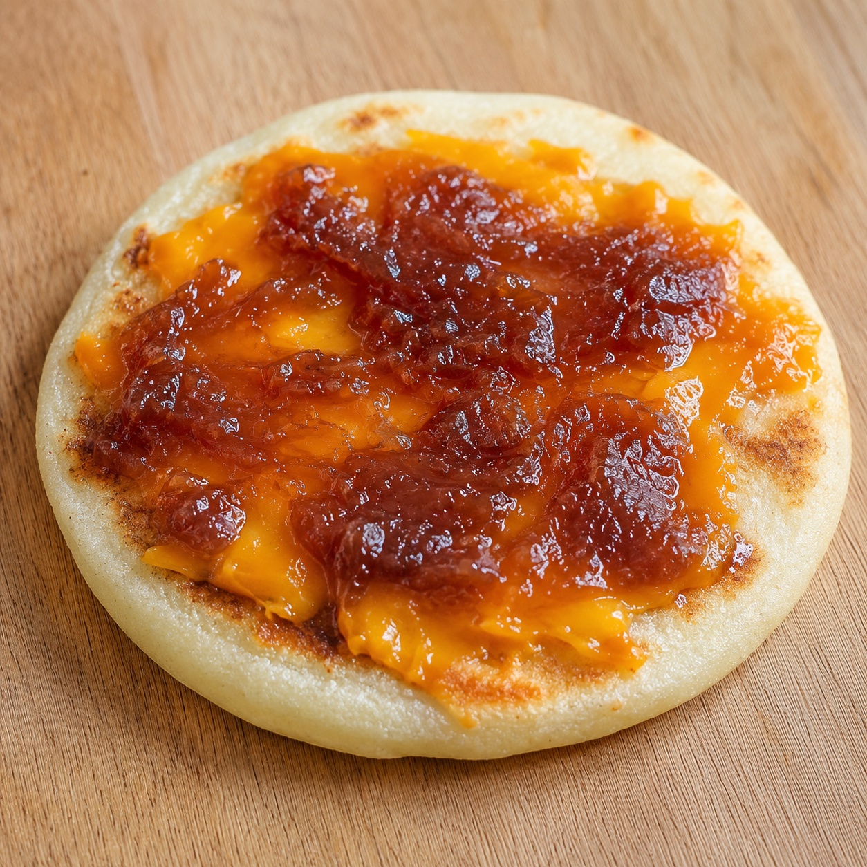 Arepa topped with melted sharp cheddar and spiced apple butter
