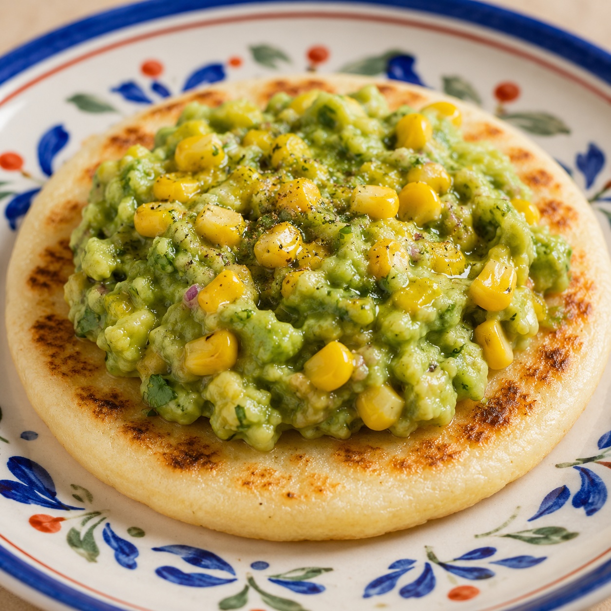 Arepa spread with guacamole studded with sweet corn kernels