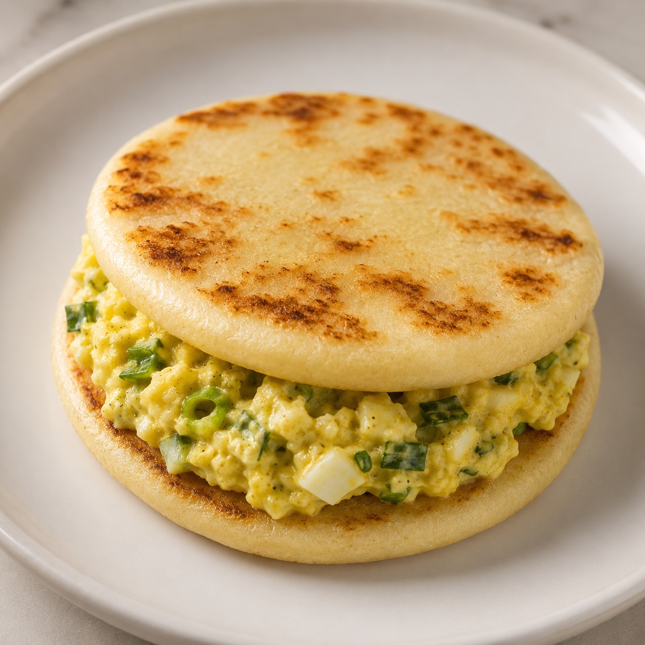 Two arepas sandwiched with curried egg salad flecked with scallion