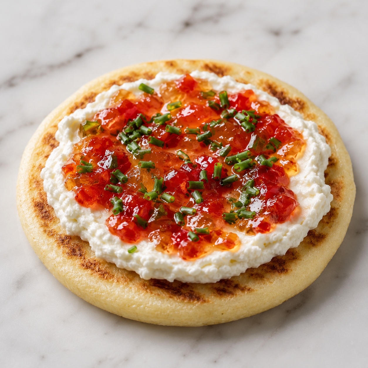 Arepa spread with whipped goat cheese and red hot pepper jelly