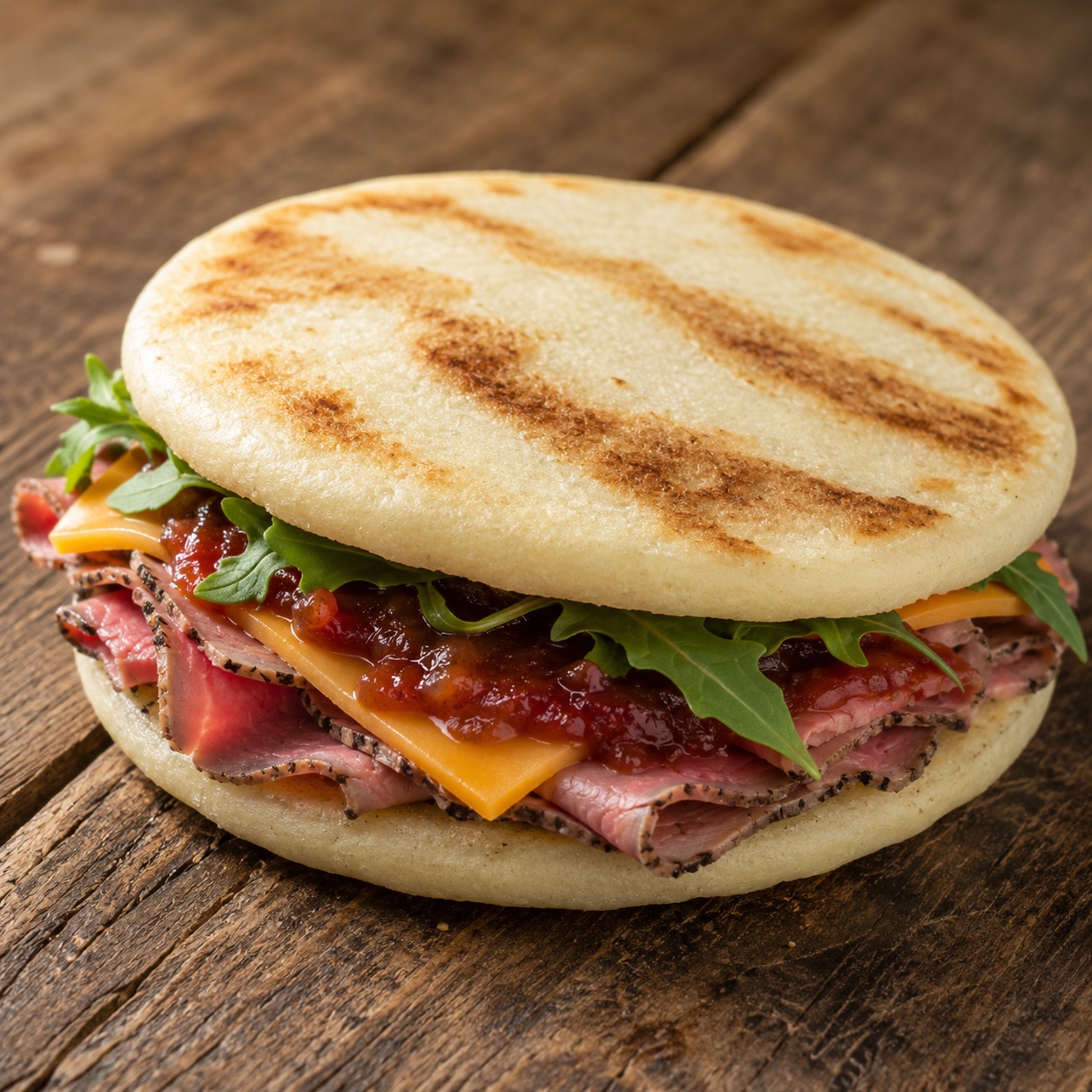 Two arepas sandwiched with rare roast beef, cheddar and dark red tomato jam