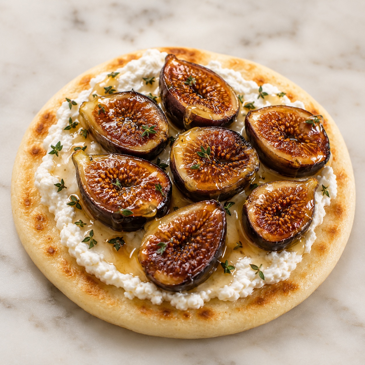 Arepa spread with goat cheese, warm roasted figs, honey and thyme