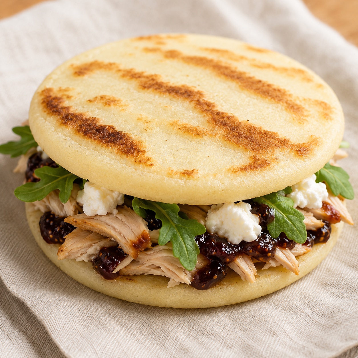 Two arepas sandwiched with smoked chicken, fig jam, goat cheese and arugula