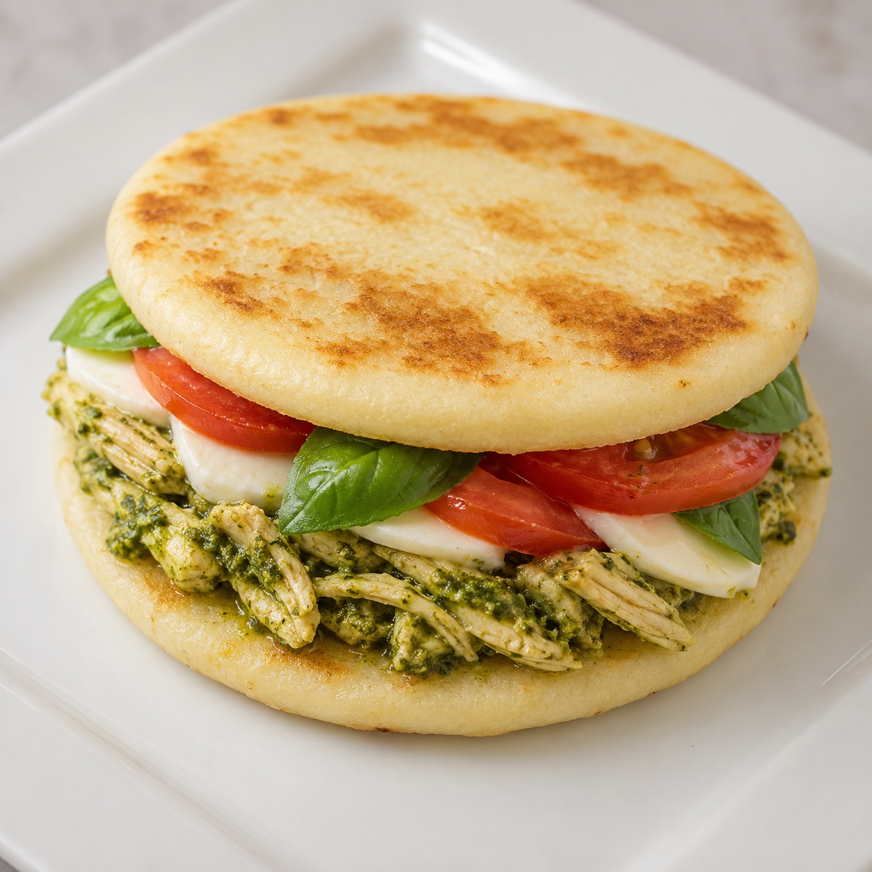Two arepas sandwiched with pesto chicken, fresh mozzarella, tomato and basil