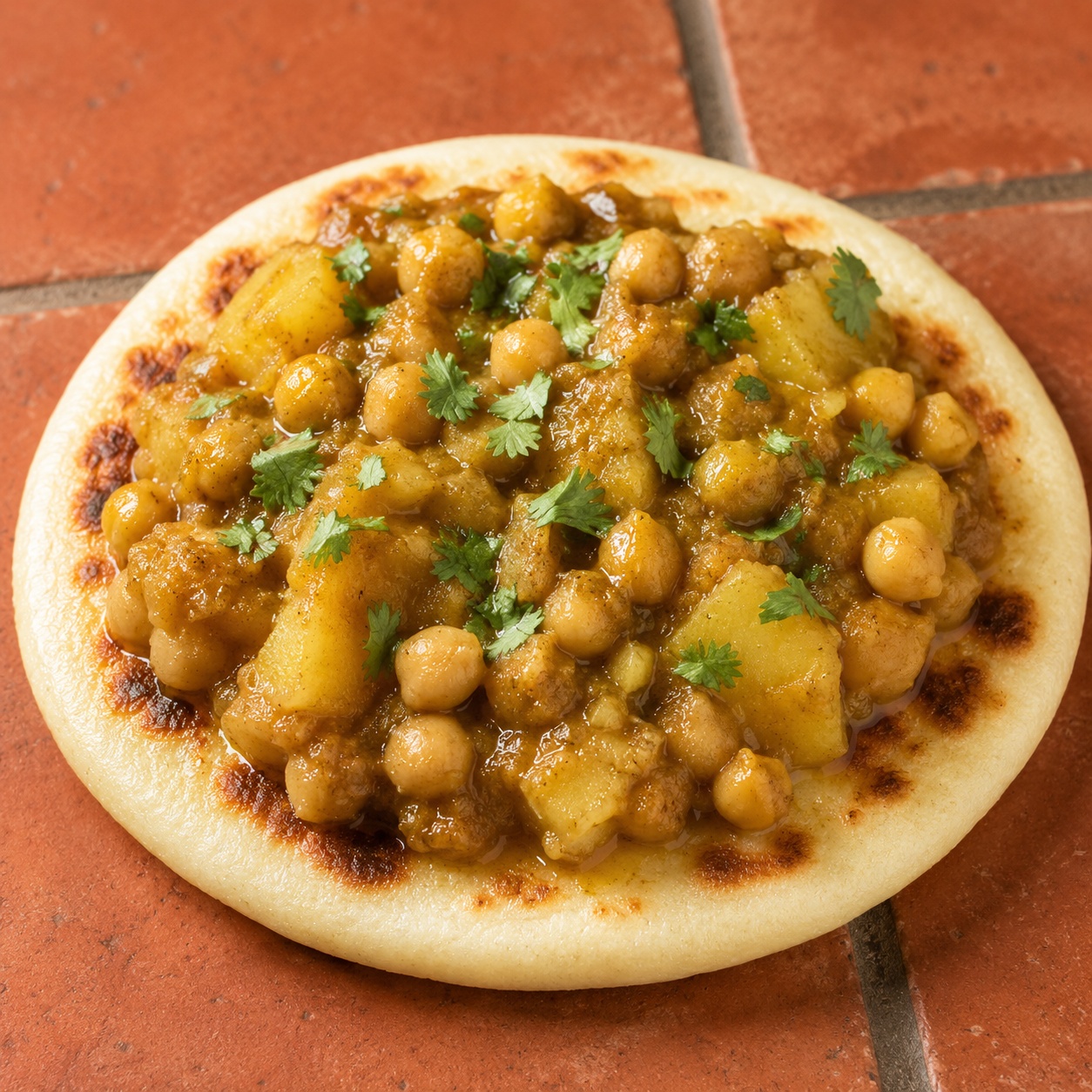 Arepa topped with Trinidadian curried chickpeas and potato