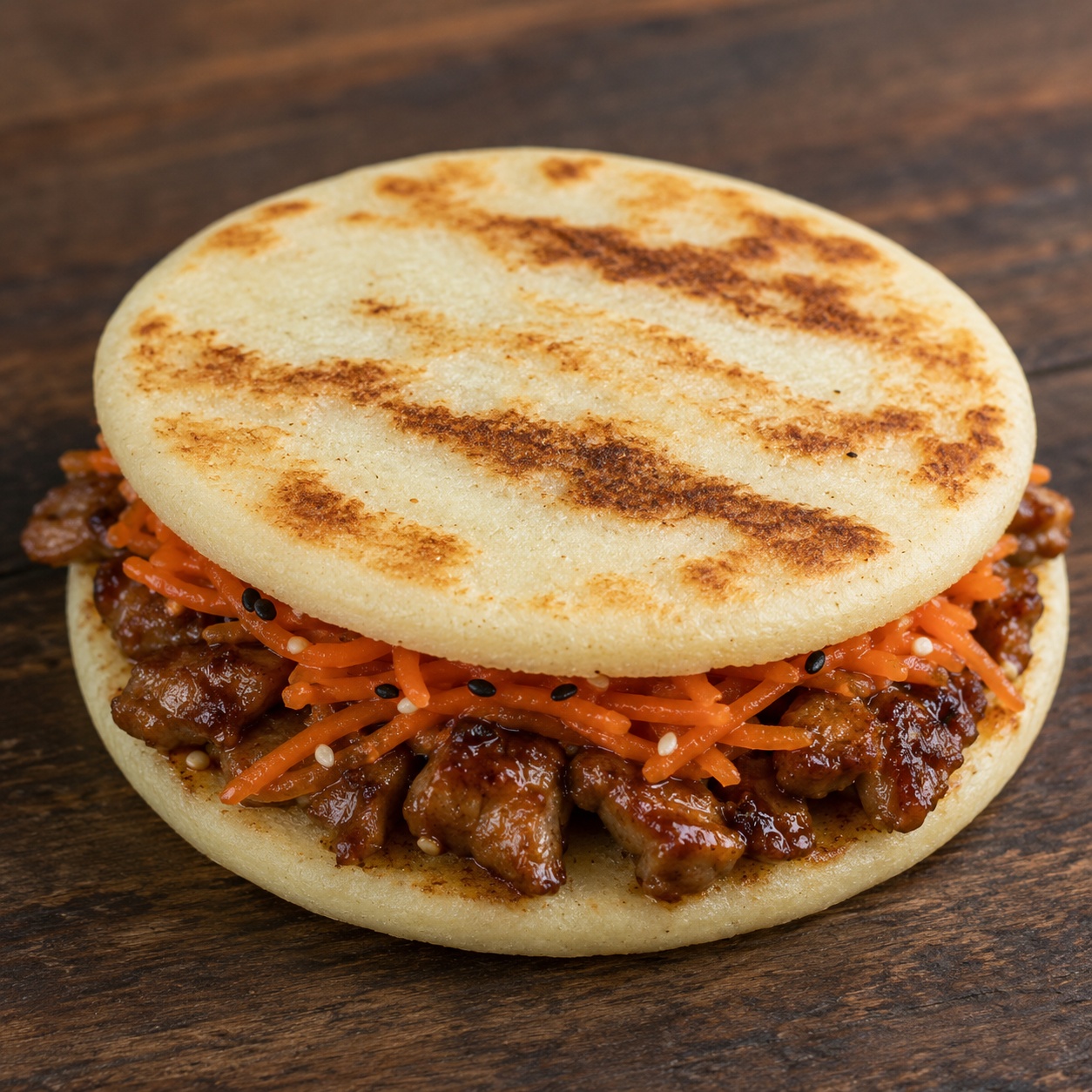Two arepas sandwiched with caramelized bulgogi chicken and pickled carrot