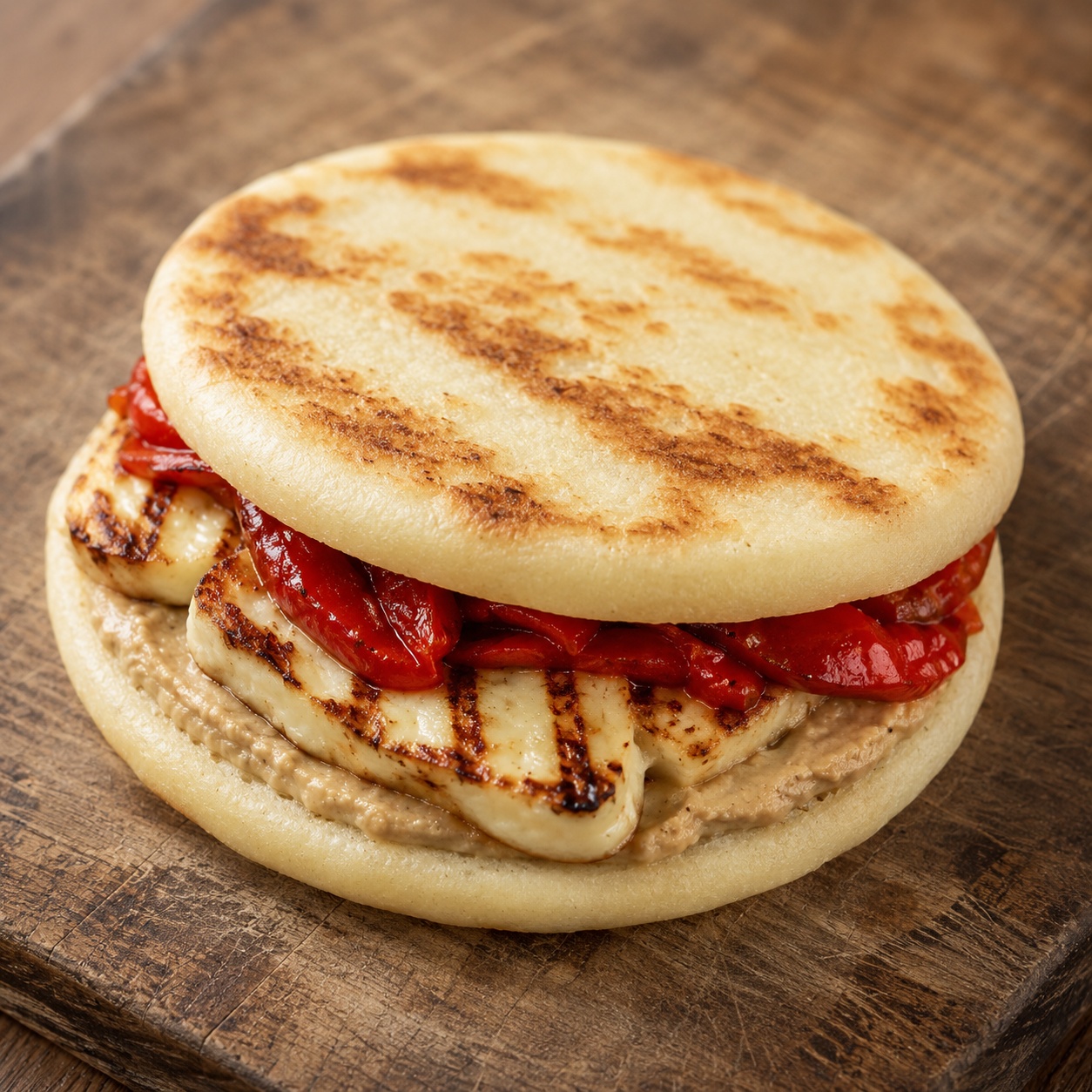 Two arepas sandwiched with seared halloumi, hummus and roasted red peppers