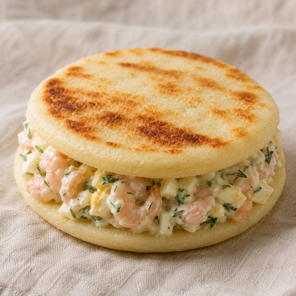 Two arepas sandwiched with chopped egg and shrimp in dill mayo