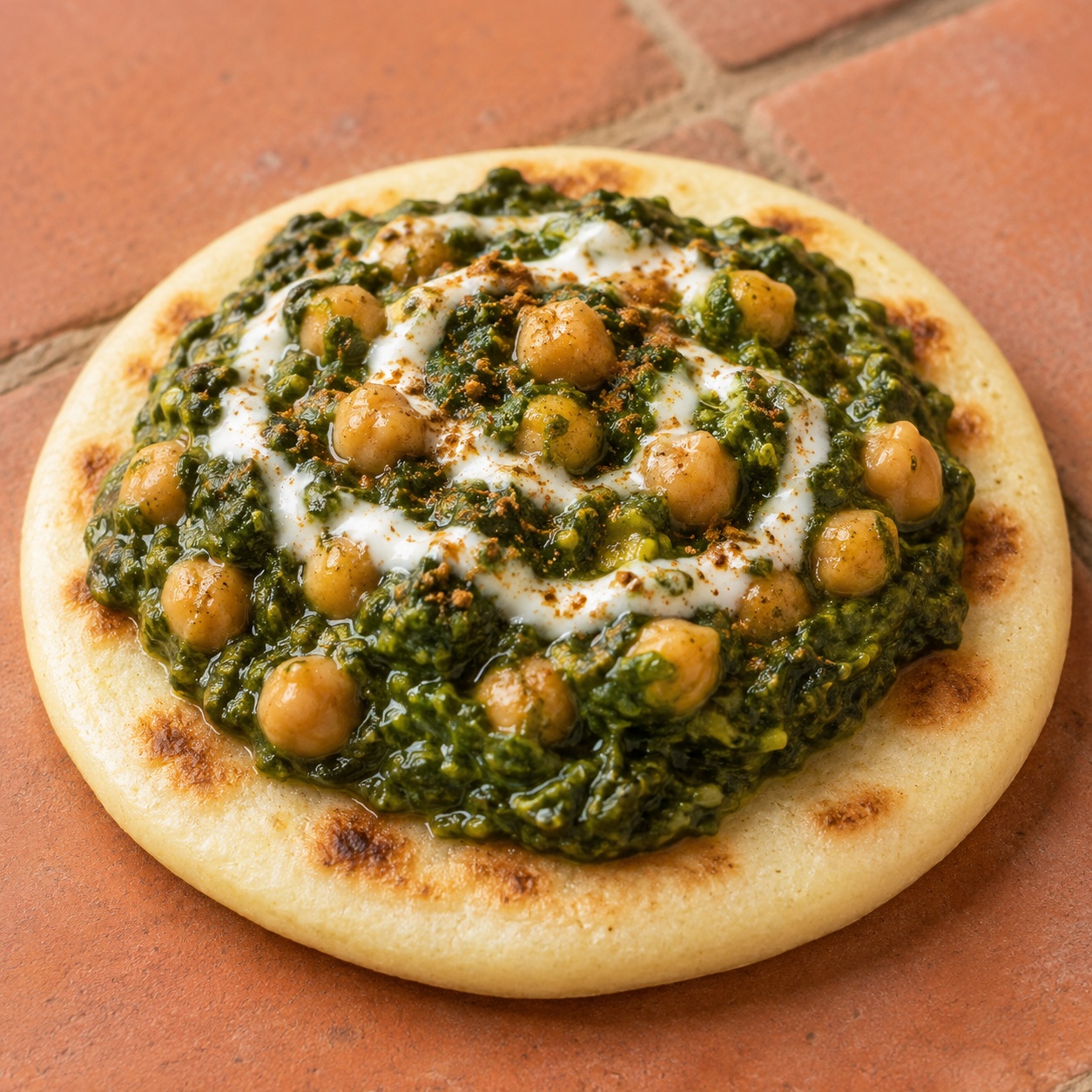 Arepa topped with chickpeas in a spiced creamy spinach sauce