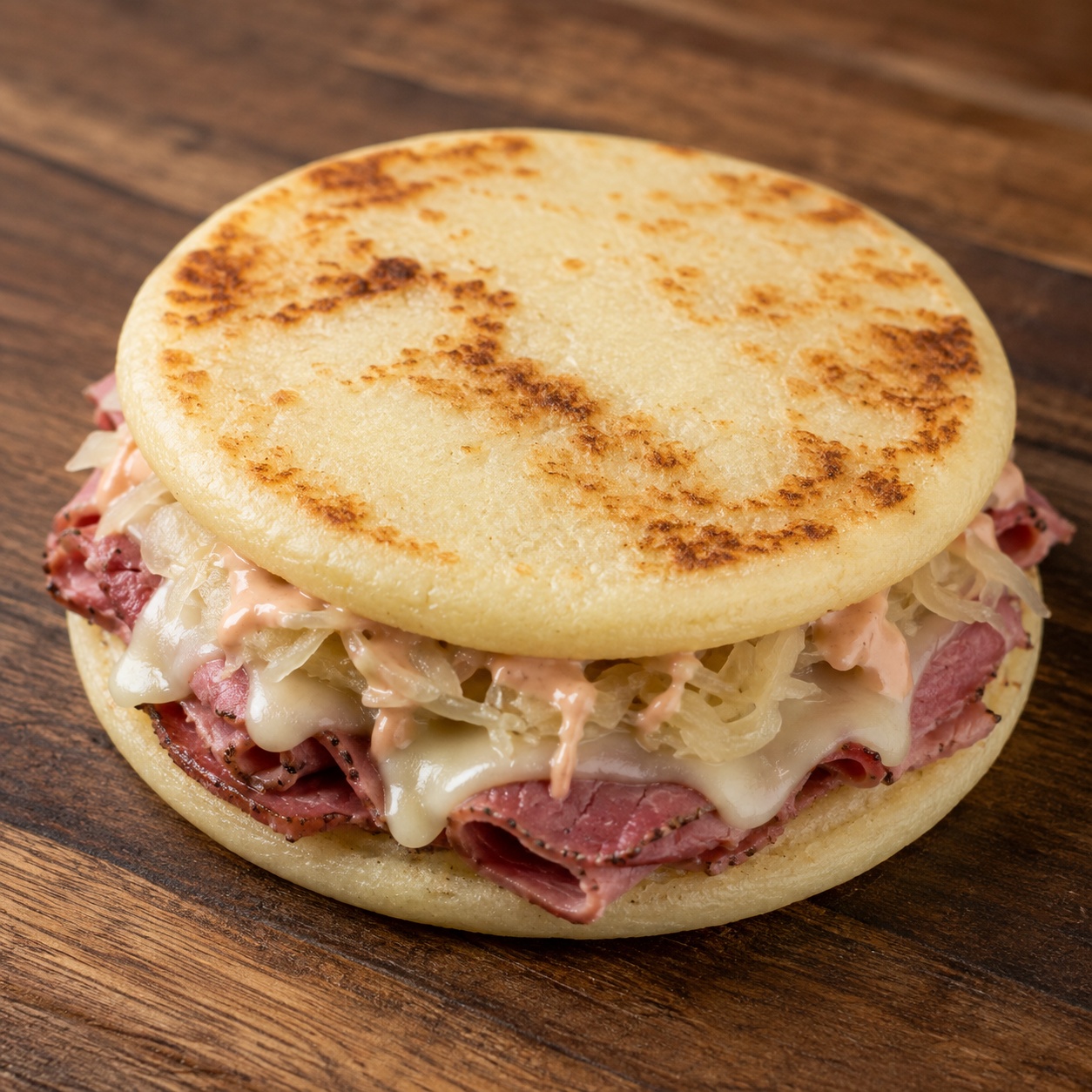 Two arepas pressed together with corned beef, Swiss cheese and sauerkraut