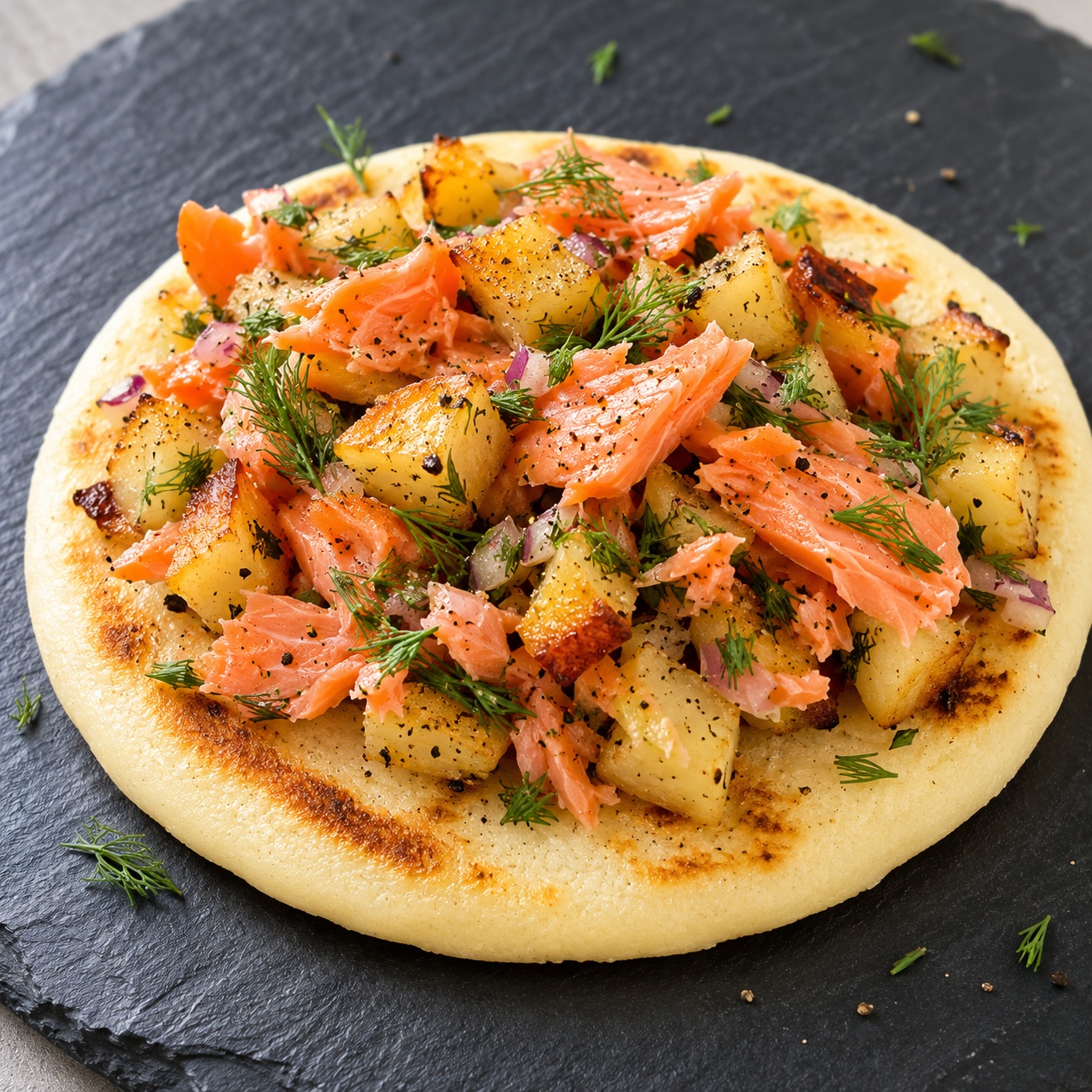 Arepa topped with crisp potato and smoked salmon hash with dill