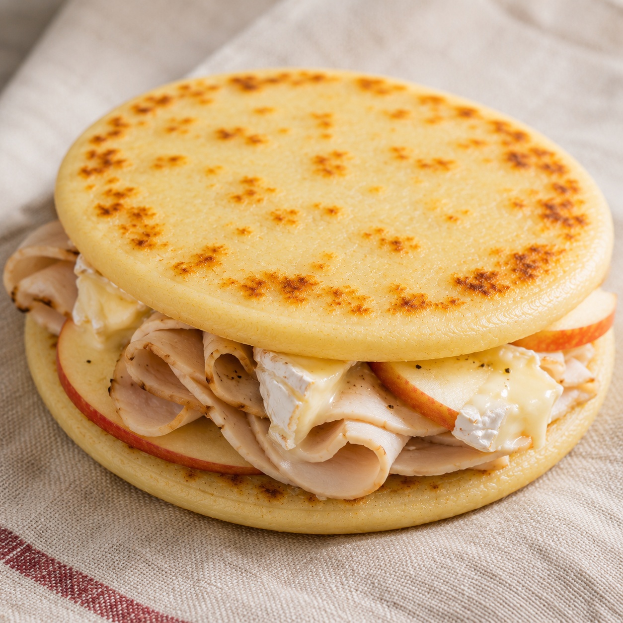 Two arepas sandwiched with turkey, thin apple slices and creamy brie
