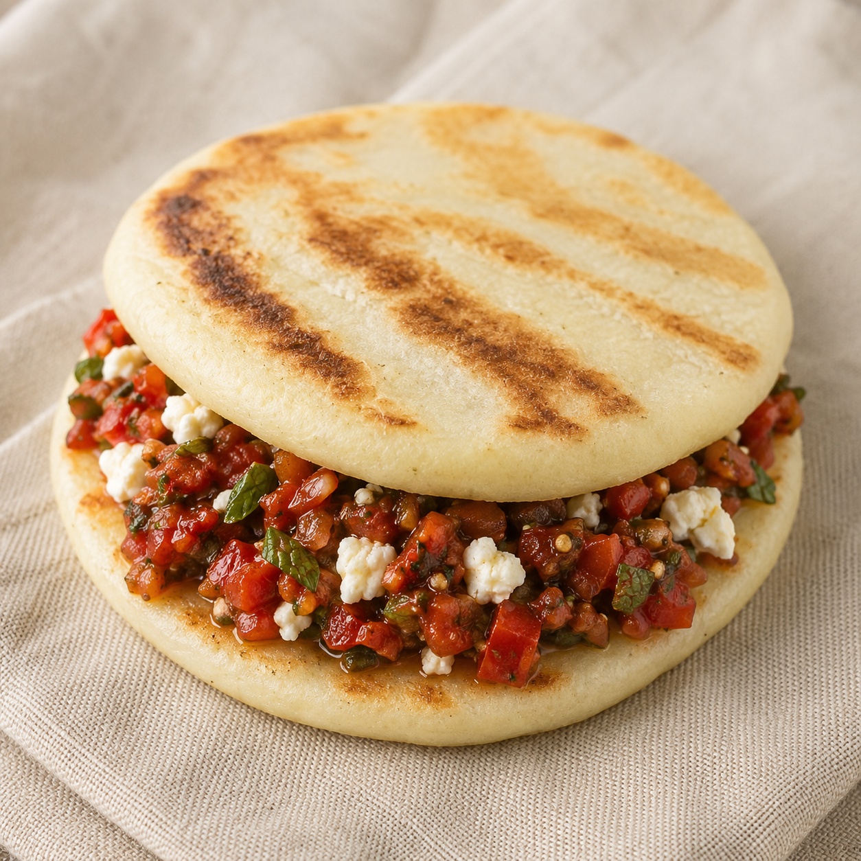 Two arepas sandwiched with Turkish ezme relish and crumbled feta