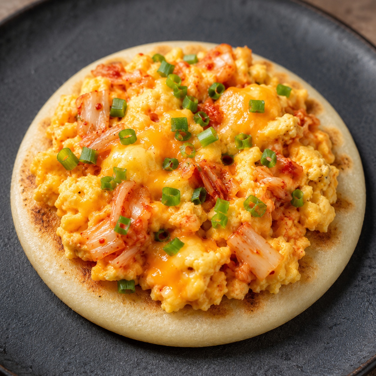 Arepa topped with a kimchi and cheddar egg scramble with scallion
