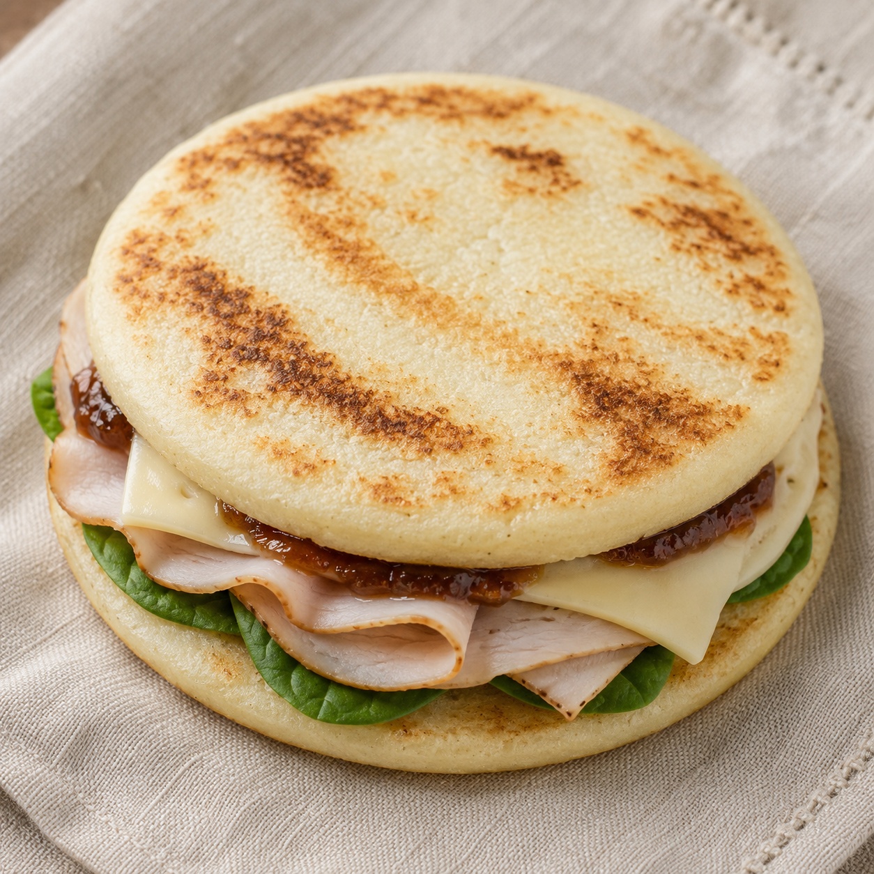 Two arepas sandwiched with turkey, havarti and spiced apple butter