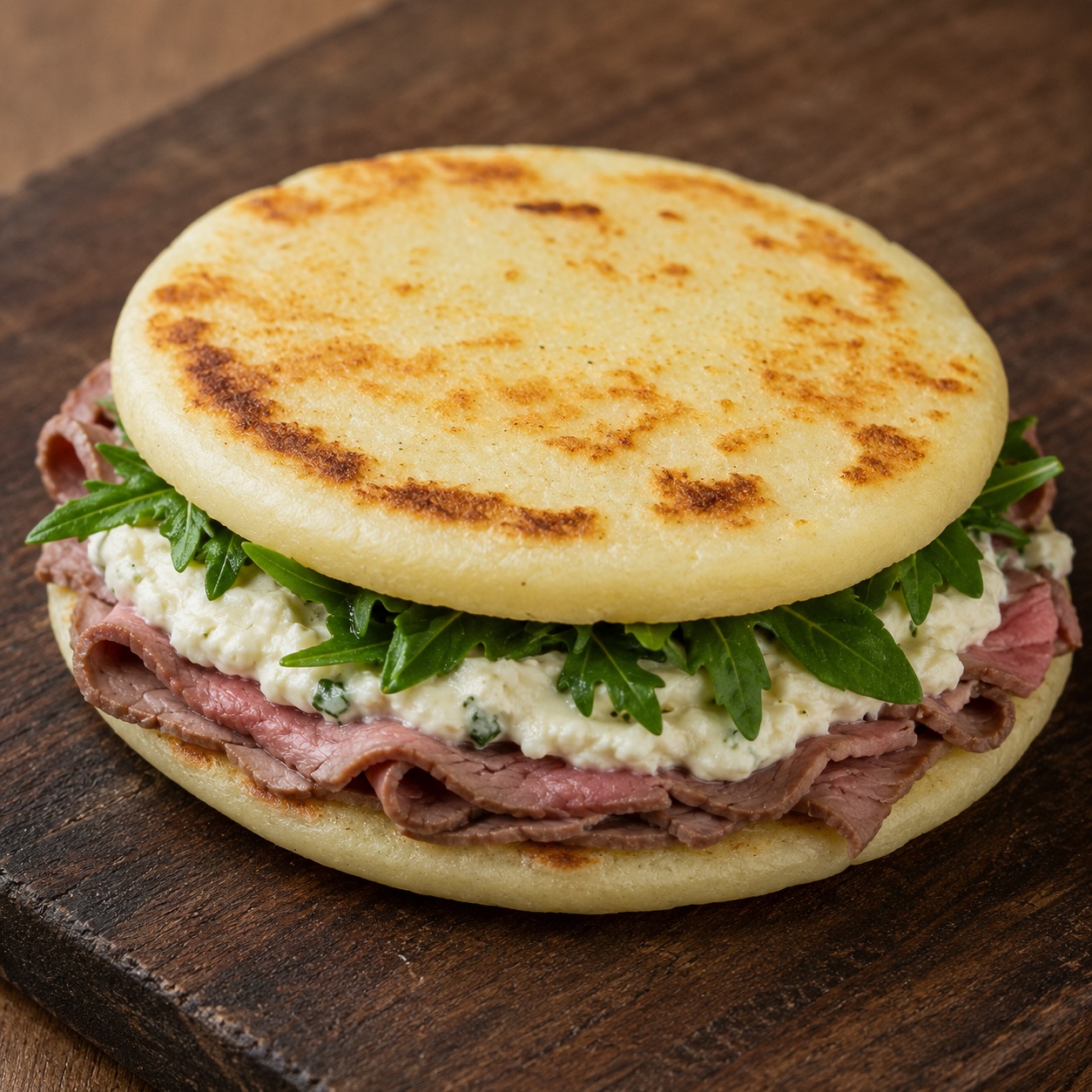 Two arepas sandwiched with rare roast beef, garlic-herb Boursin and arugula