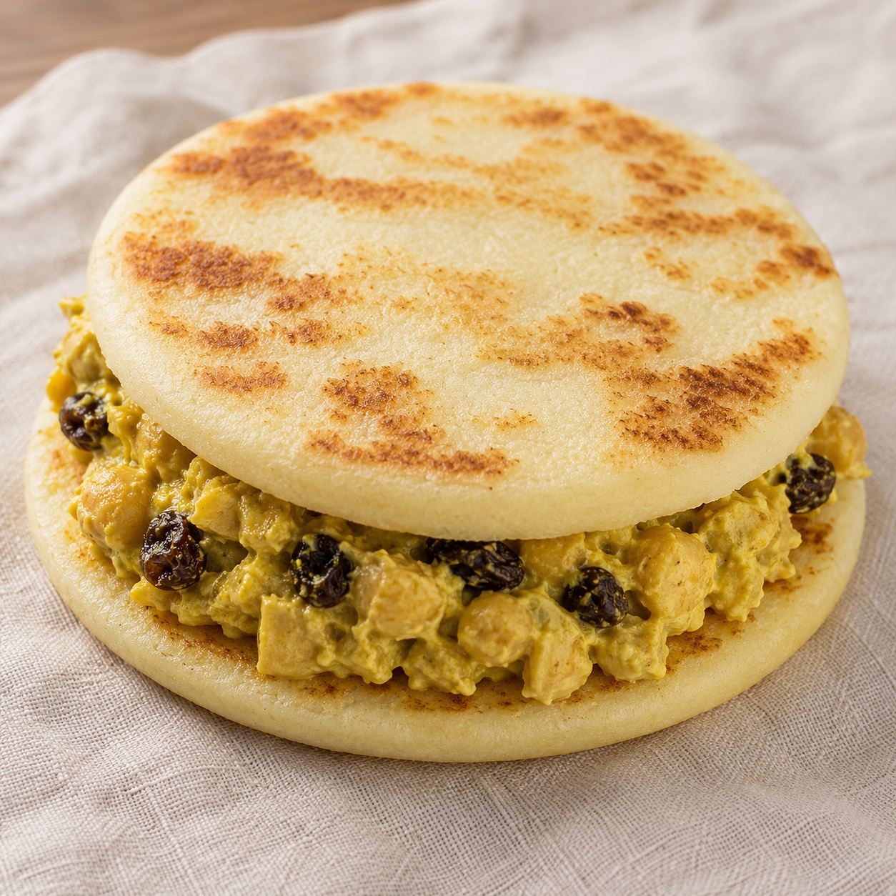 Two arepas sandwiched with curried chickpea salad with raisins