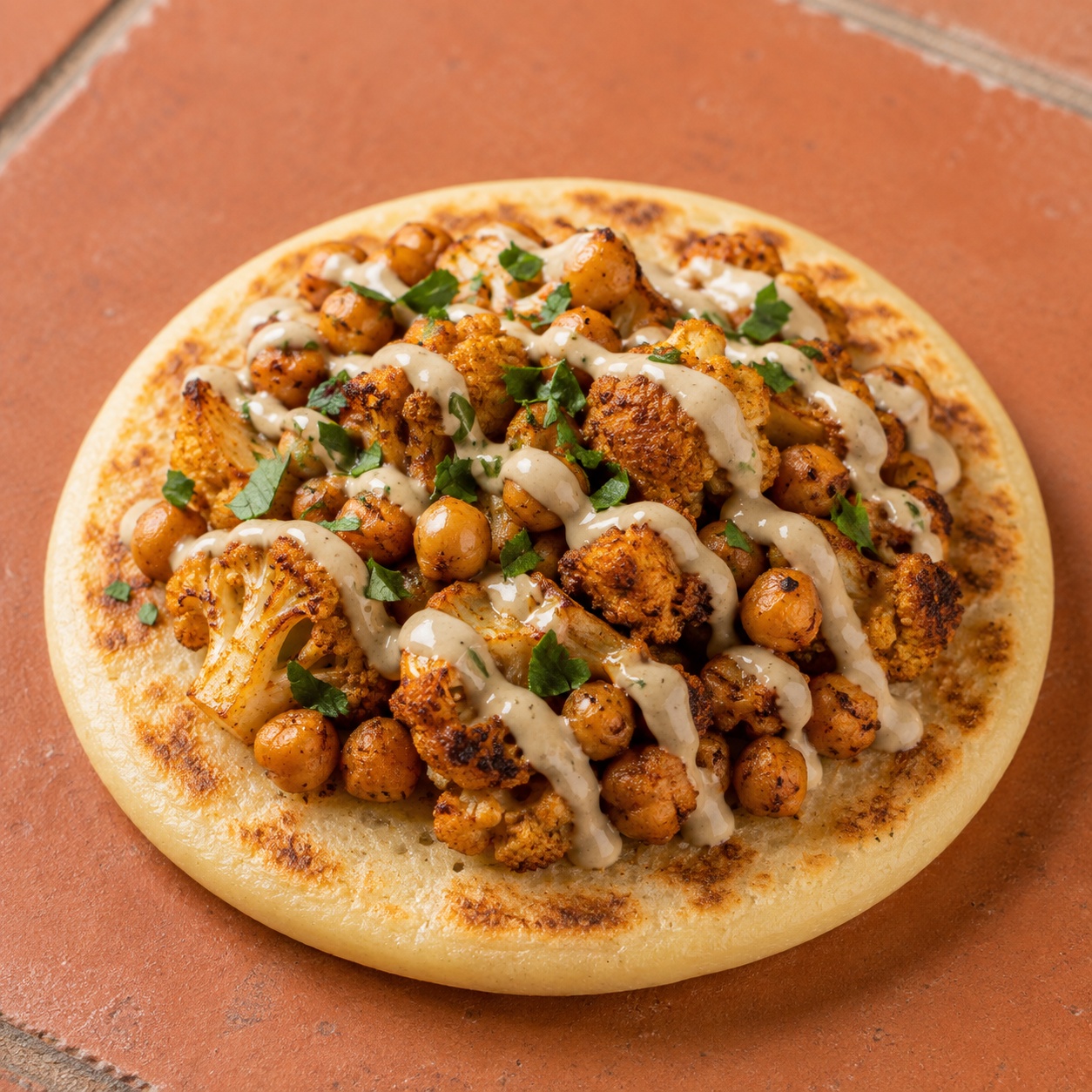 Arepa topped with roasted shawarma-spiced cauliflower, chickpeas and tahini