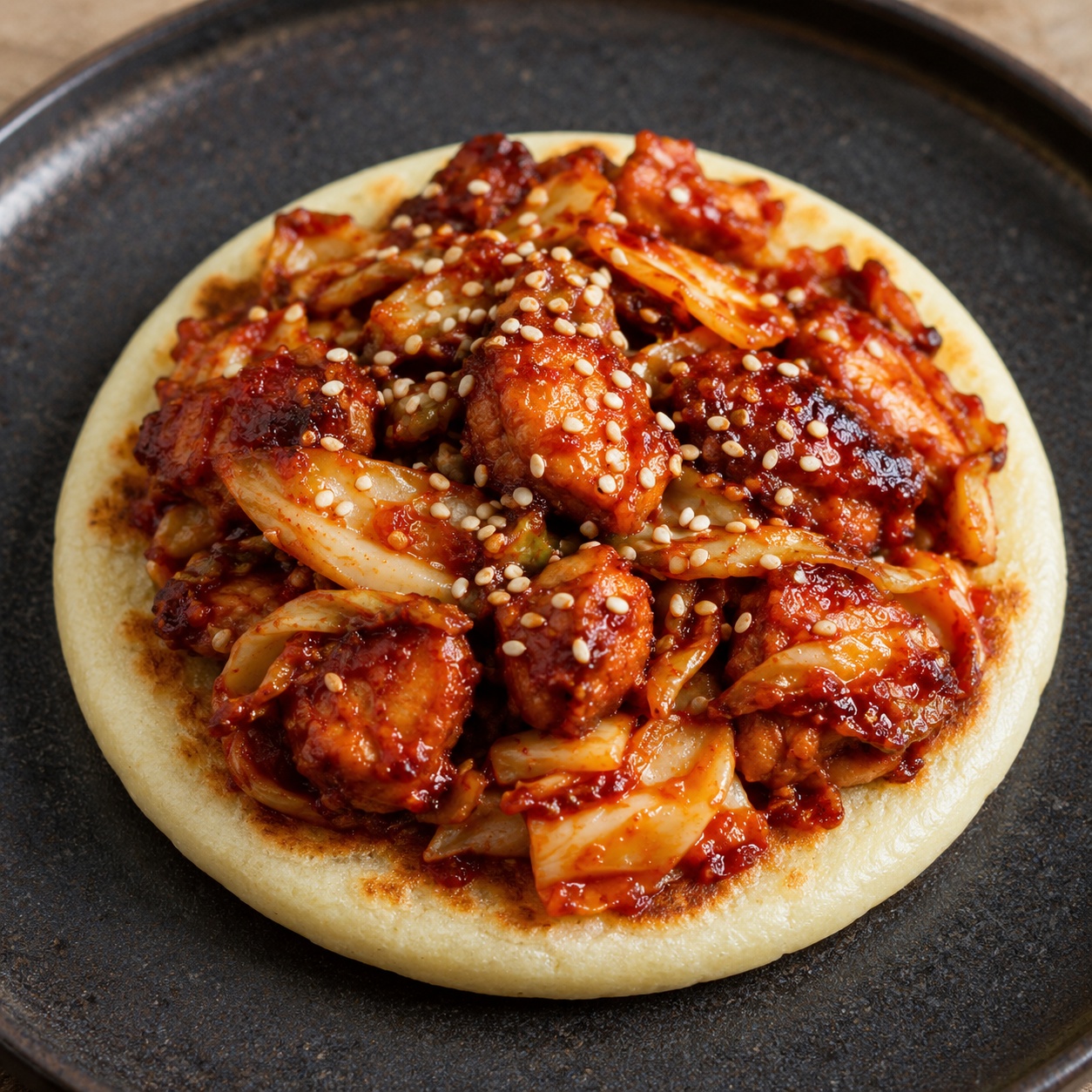 Arepa topped with gochujang chicken and wilted cabbage