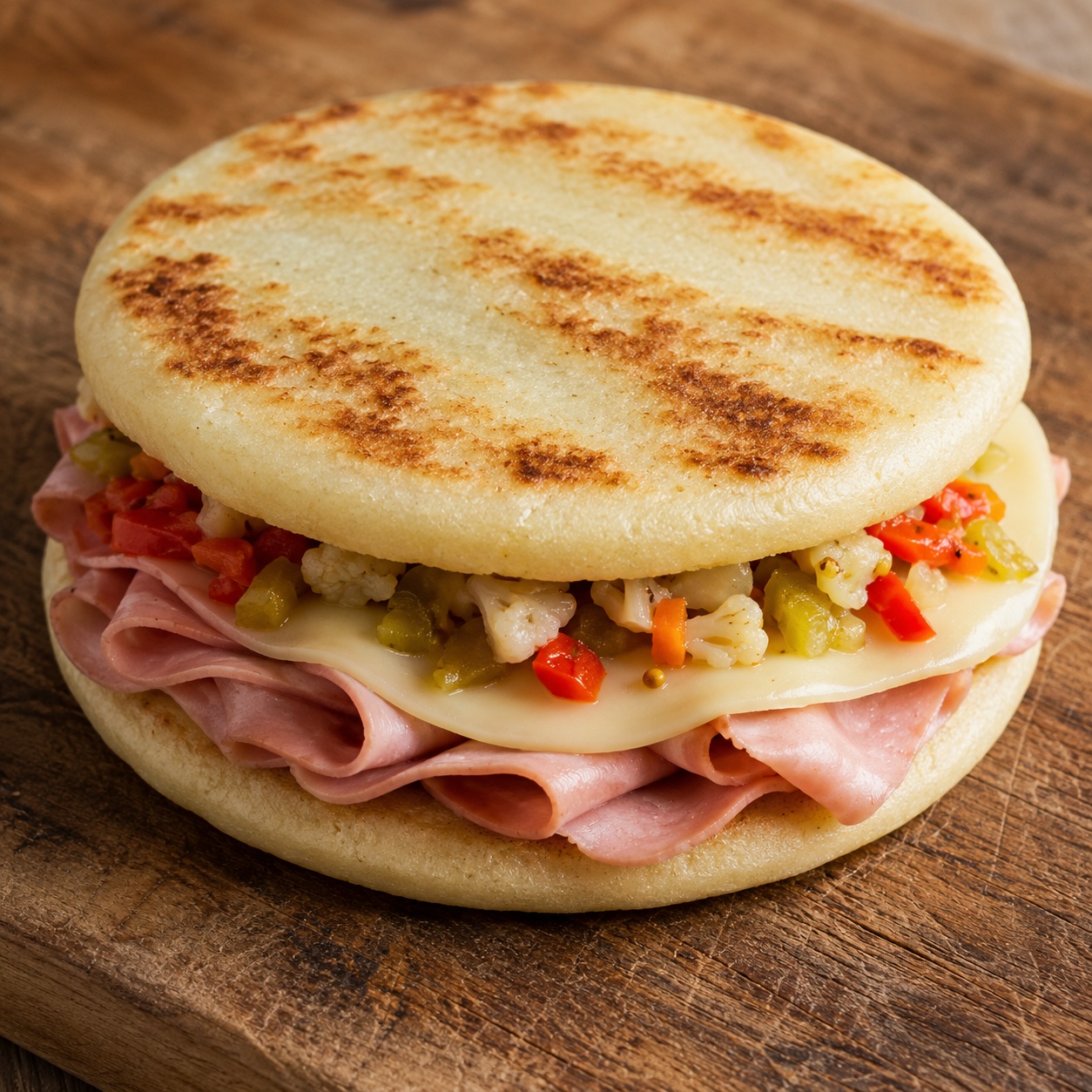 Two arepas sandwiched with mortadella, provolone and chopped giardiniera
