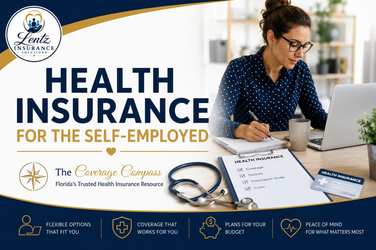 Self-employed Florida professional comparing health insurance options with a compass and healthcare documents