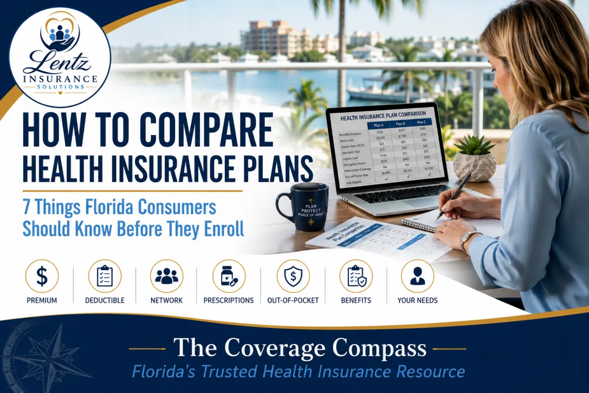 Florida consumer comparing health insurance plans, premiums, deductibles, networks, and coverage options
