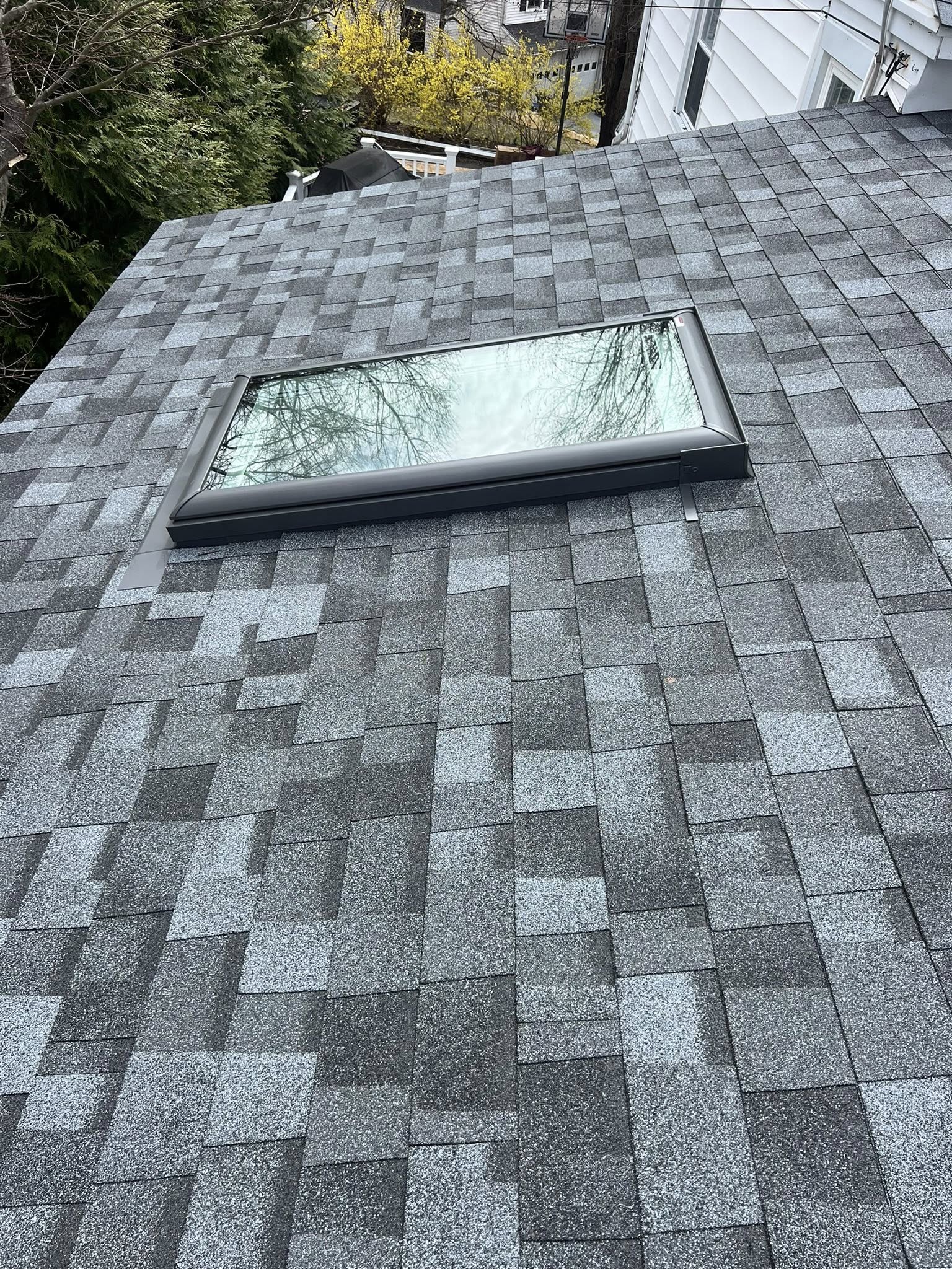 The roof of a building with a tree in the background
