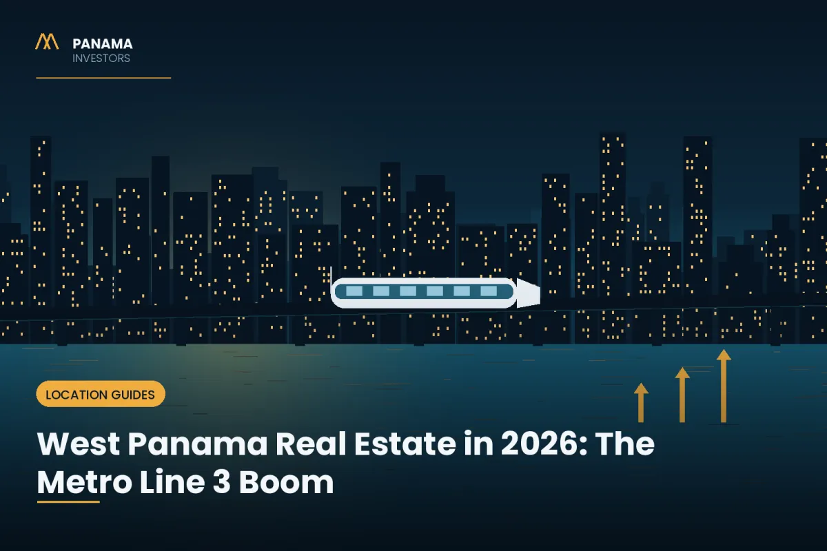 Night skyline with an elevated Metro Line 3 monorail representing West Panama real estate growth