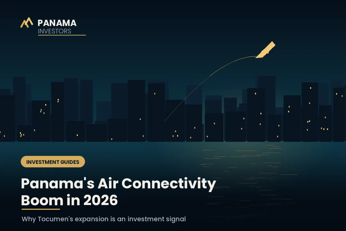 Panama Investors branded hero graphic: a coastal navy and gold Panama City skyline at dusk with an ascending aircraft and contrail, titled Panama's Air Connectivity Boom in 2026.