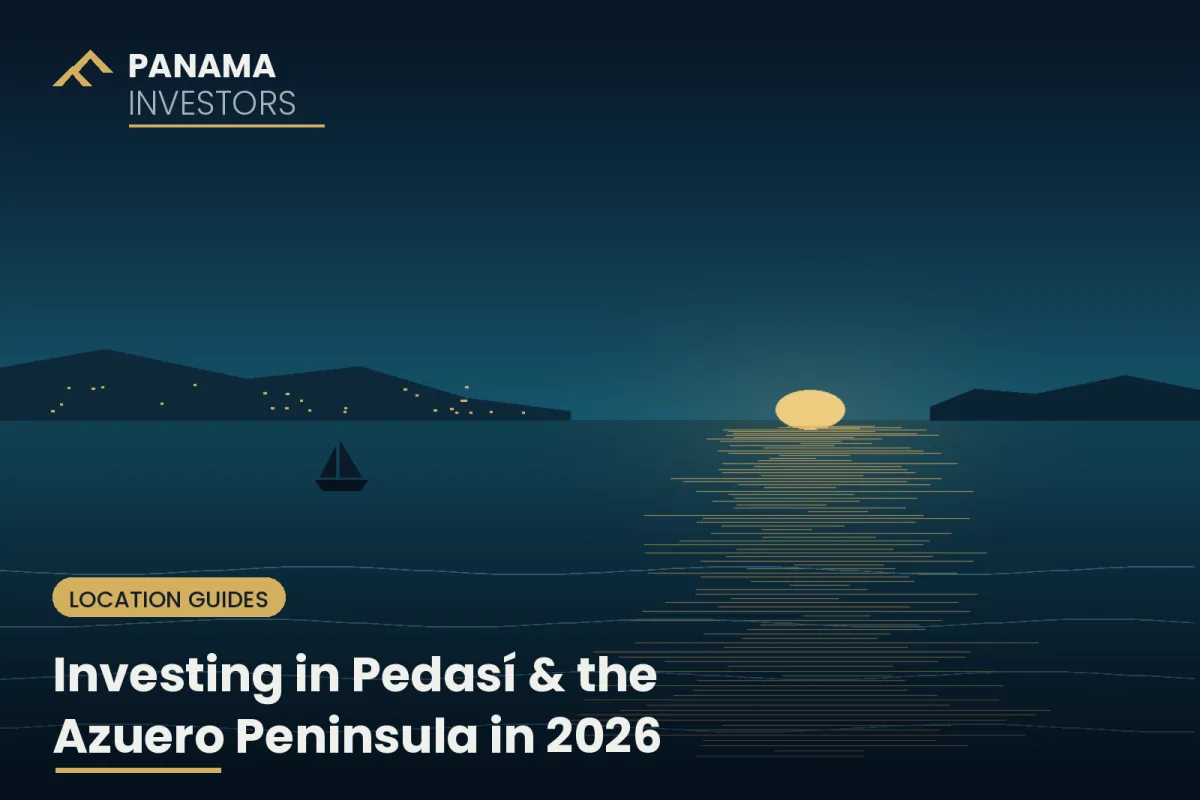 Navy and gold illustration of a quiet Panamanian coastline at dusk with the Panama Investors logo and the title Investing in Pedasi & the Azuero Peninsula in 2026