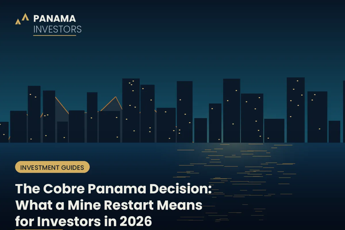 Navy and gold graphic of the Panama City skyline titled The Cobre Panama Decision: What a Mine Restart Means for Investors in 2026