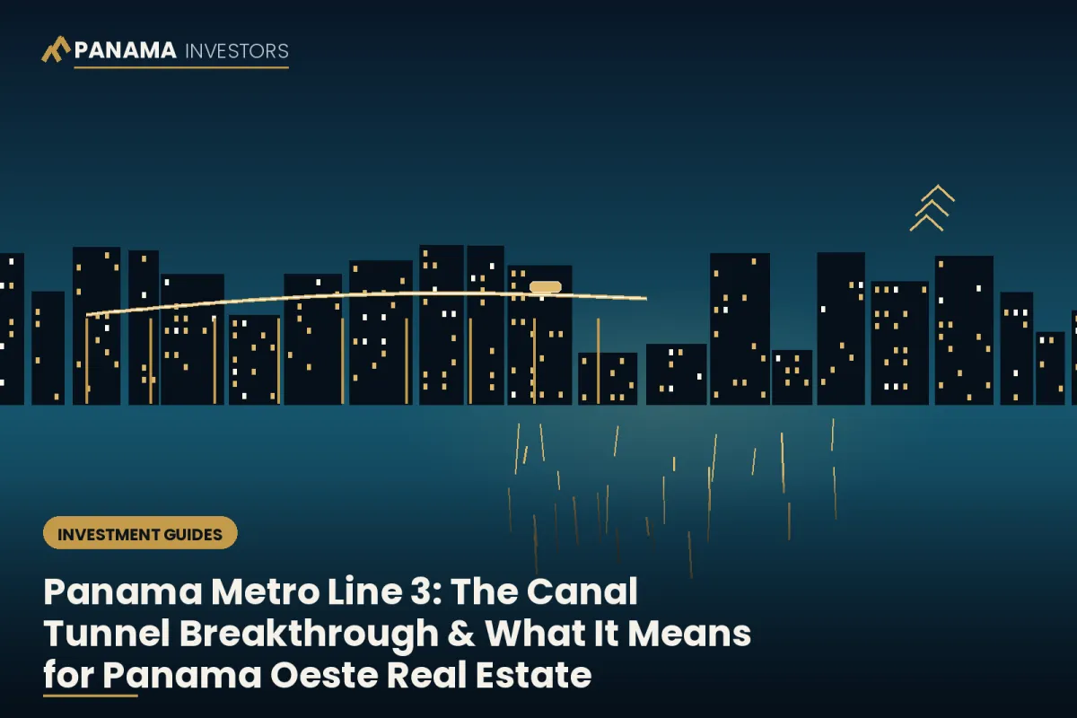 Illustrated nighttime skyline of Panama City with a gold elevated monorail line, representing Panama Metro Line 3, over a headline about the canal tunnel breakthrough and Panama Oeste real estate.