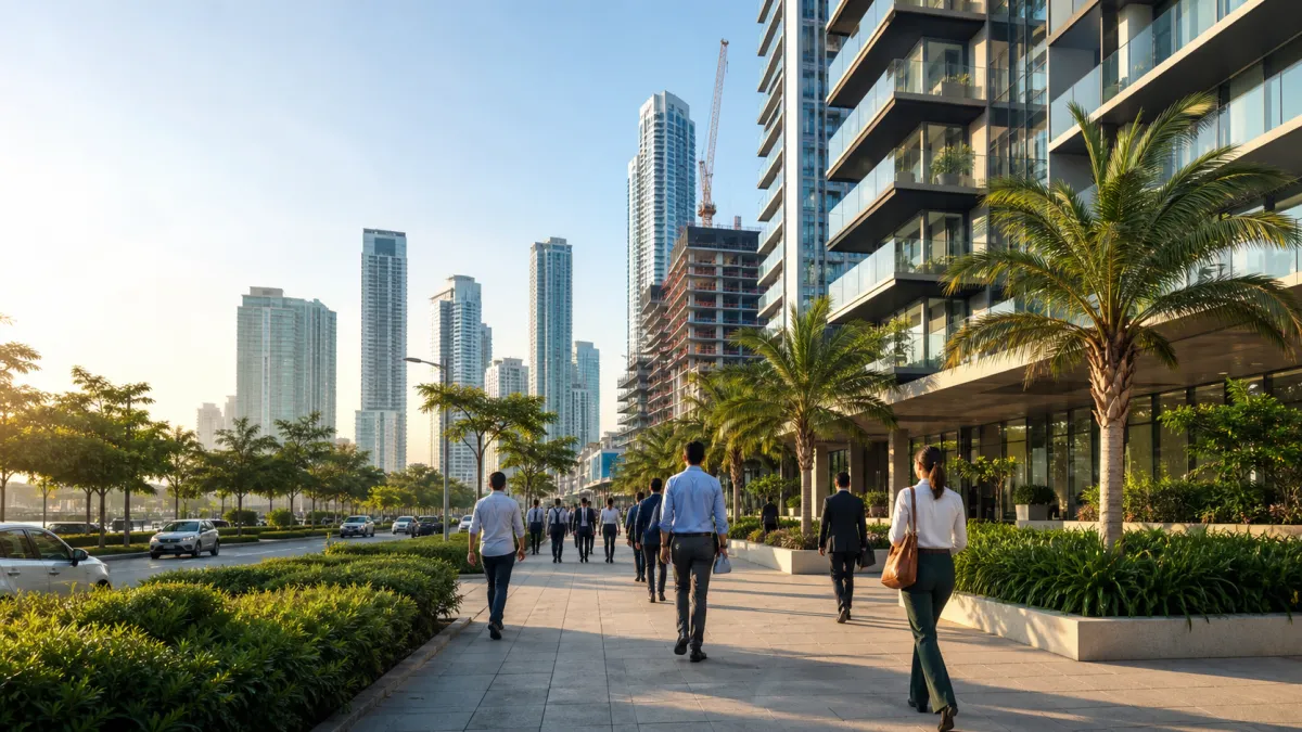 Professionals commuting through a modern Panama City residential and business district