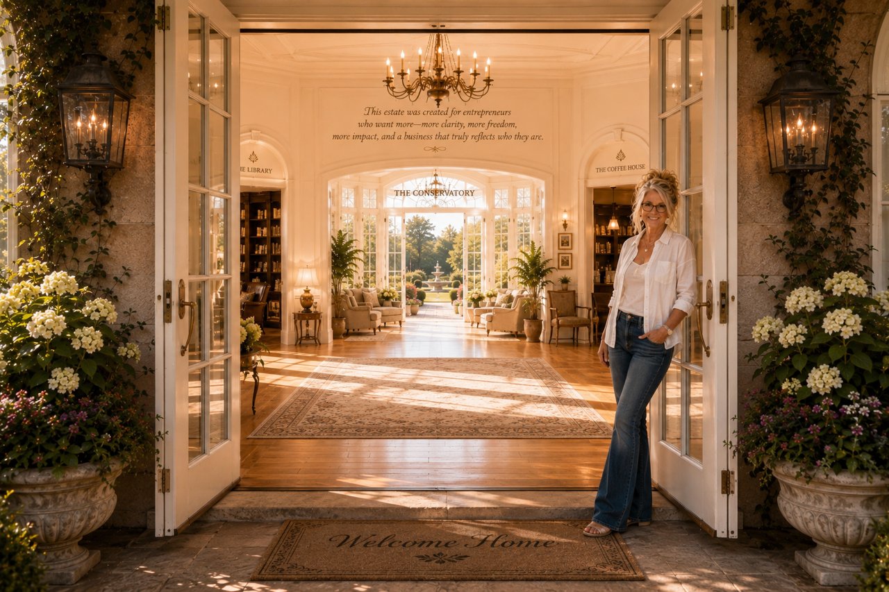 Shari Hudson standing in the open doorway of a grand, softly lit estate