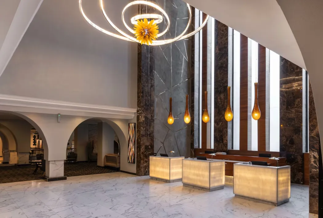 A view of a city skyline from a bridge