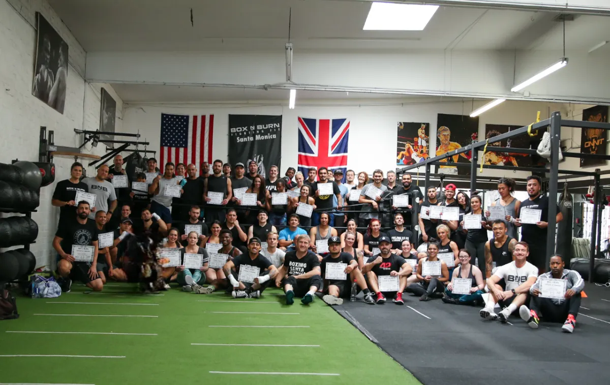 Group of young personal trainers attending an in person boxing for fitness certification course in Santa Monica taught by Tony Jeffries.