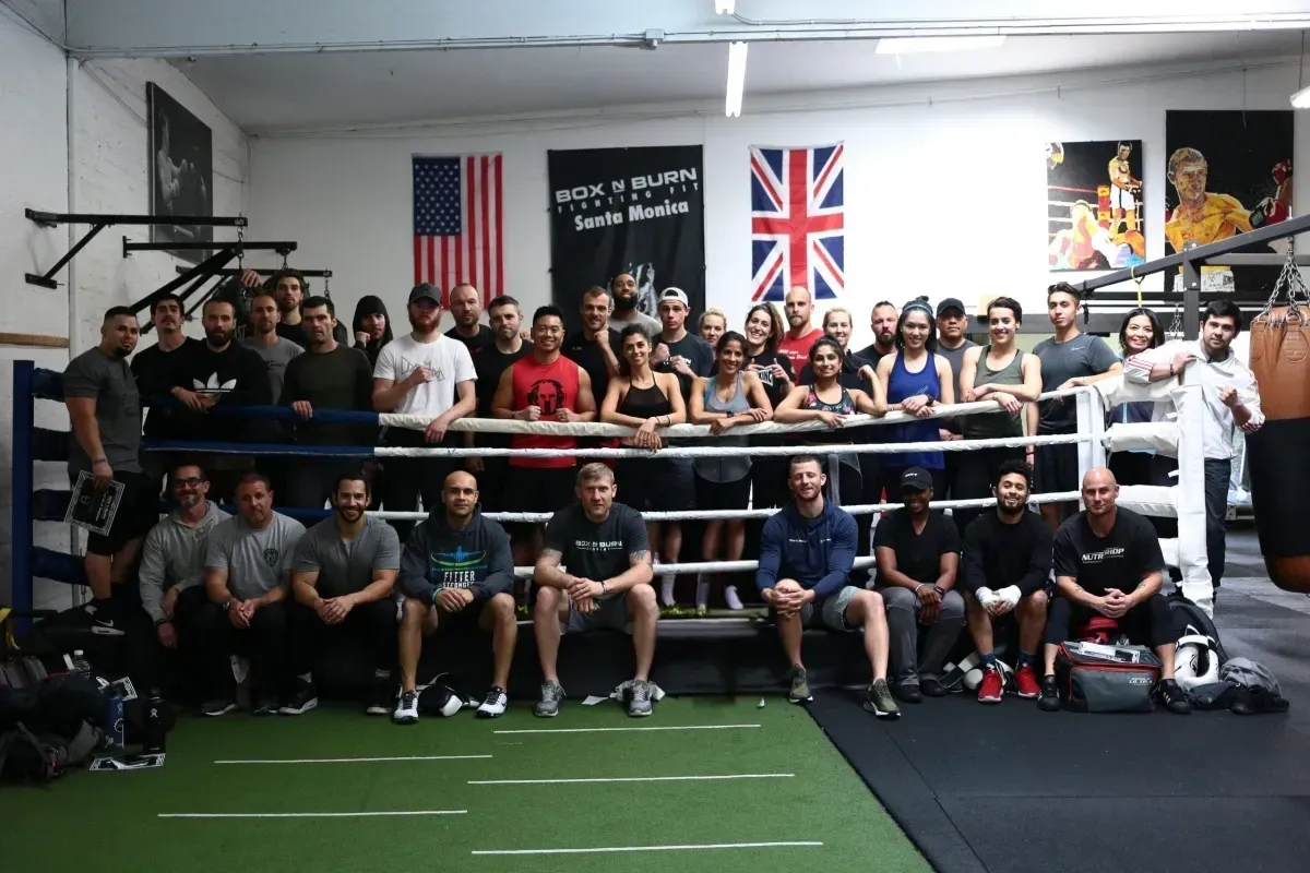 Group of young personal trainers attending an in person boxing for fitness certification course in Santa Monica taught by Tony Jeffries.