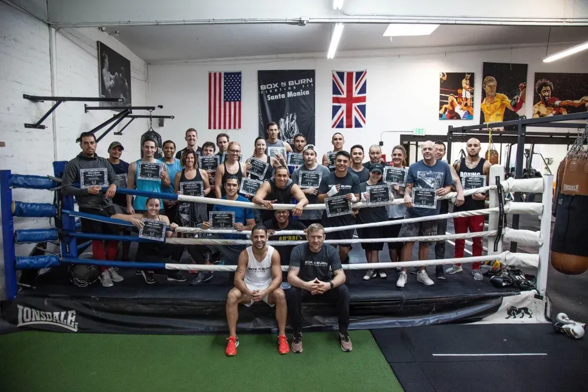 Group of young personal trainers attending an in person boxing for fitness certification course in Santa Monica taught by Tony Jeffries.