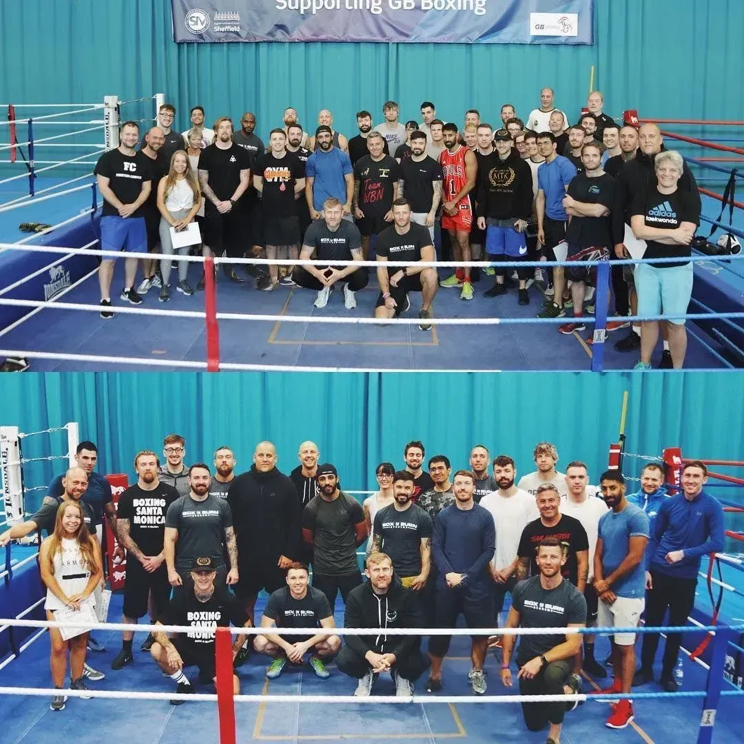 Group of young personal trainers attending an in person boxing for fitness certification course in Sheffield, UK taught by Tony Jeffries.