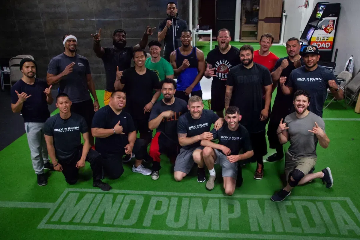 Group of certified boxing fitness coaches attending an in person boxing for fitness certification course at Mind Pump Studios in San Jose taught by Tony Jeffries.